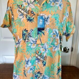 NWT, IZOD Men's Tropical Print Shirt - Orange and Blue